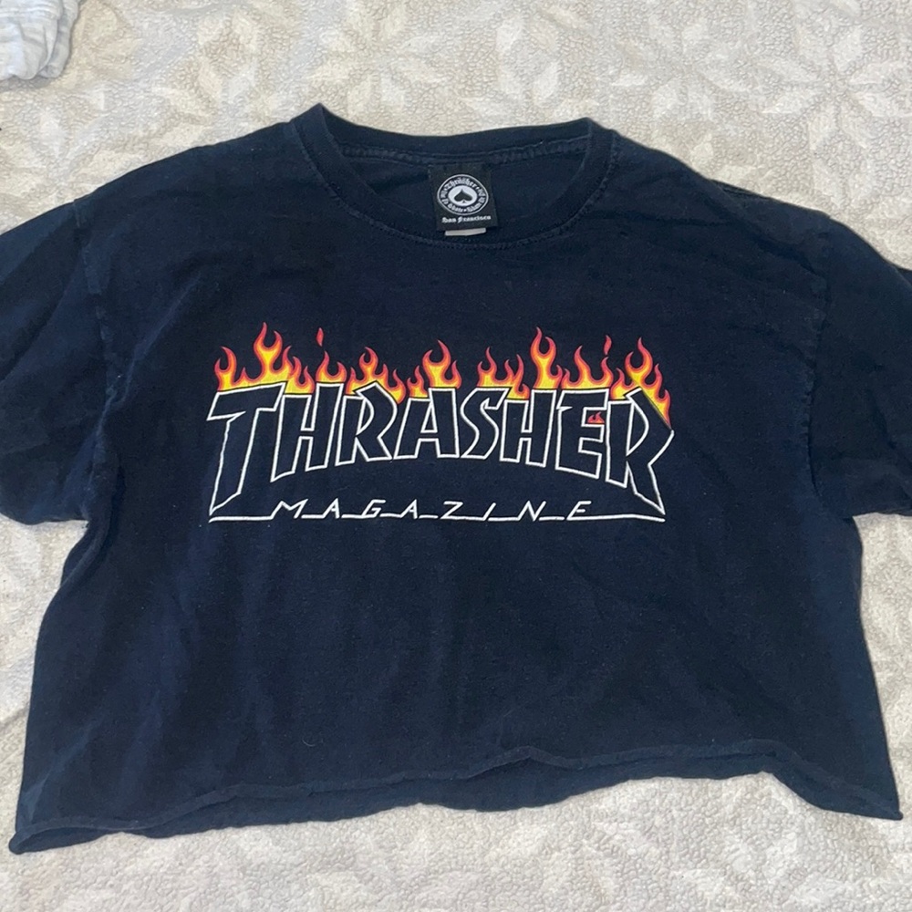 Cropped Black top; Trasher shirt